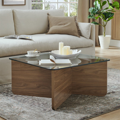Aukfa Mid-Century Modern Glass Coffee Table for Living Room,Square Cocktail Table,Wood Base,Walnut
