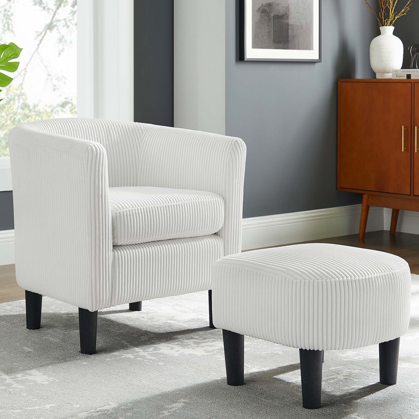 Aukfa Accent Chair with Ottoman for Living Room Bedroom, Modern Club Chair Armchair,Corduroy,White