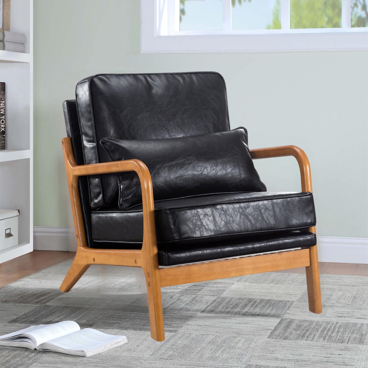 Aukfa Leather Mid Century Modern Accent Chair w/ Lumbar Pillow&Wood Frame for Living Room, Black