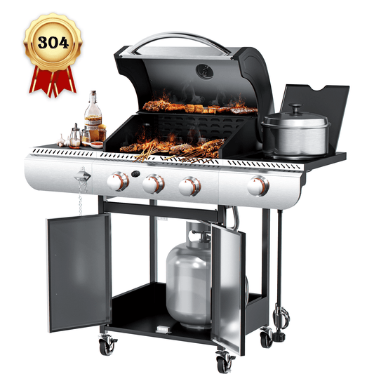 LHRIVER Stainless Steel 3 Burner Propane Gas Grill with Side Burner, 34,000 BTU Patio Garden Barbecue Grill,Porcelain-Enameled Cast Iron Grates