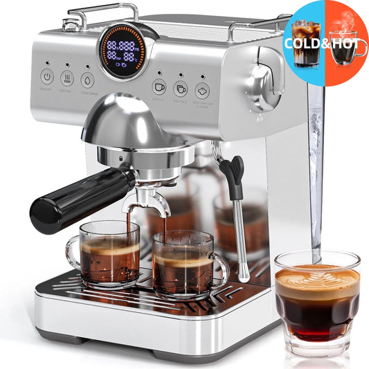 Auseo Espresso Machines with Cold Brew & Milk Frother, 20-Bar Pressure Espresso Coffee Maker, Smart LED Display & Compact Stainless Steel Design for Lattes/Cappuccinos