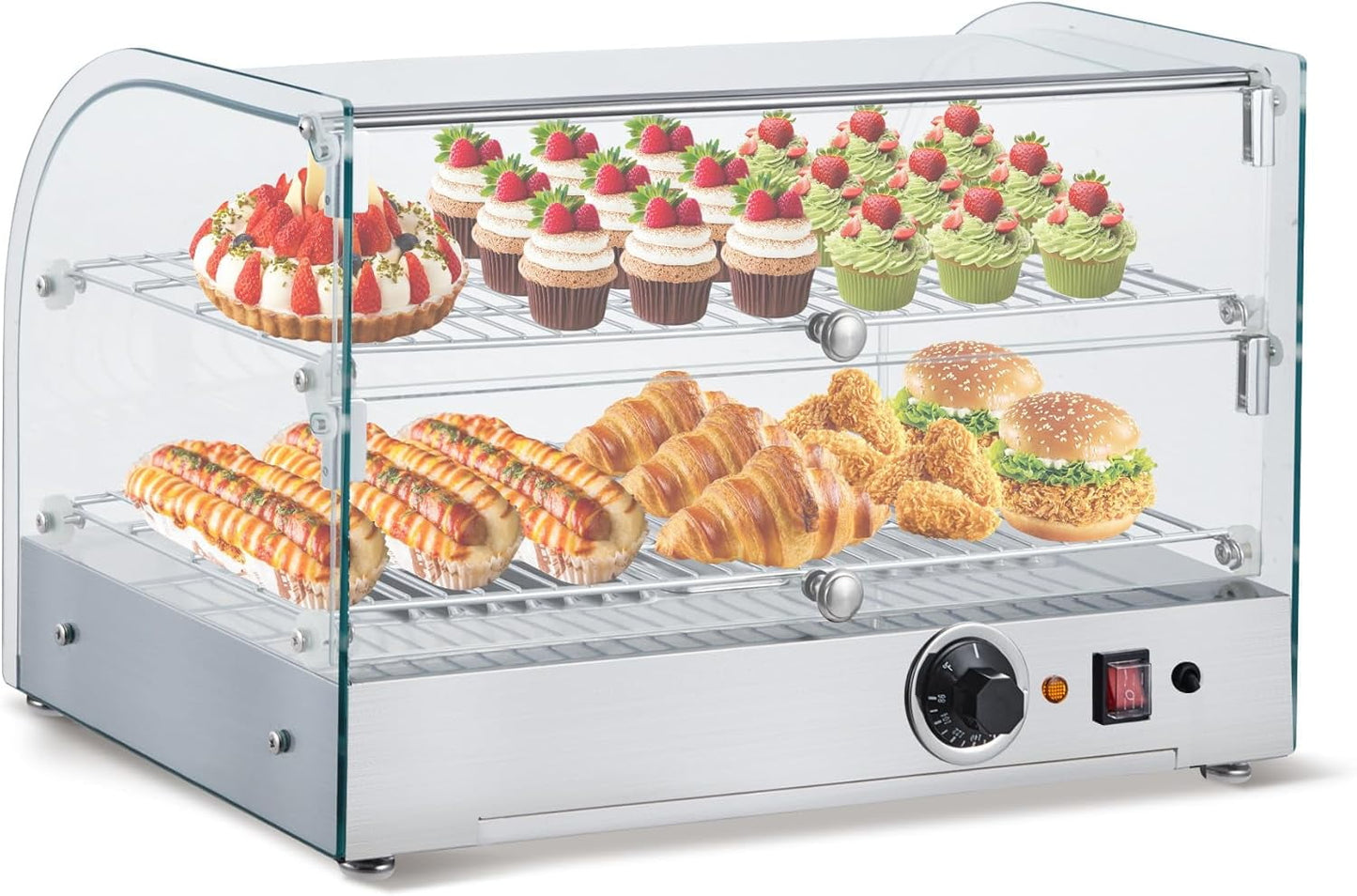 BENESKY 22 in Commercial Food Warmer, 2-Tier Display Food Warmer Display Case, 1.5 Cu. Ft Countertop Pizza Warmer with 86℉~185℉ Adjustable Temperature, Stainless Steel Warmer