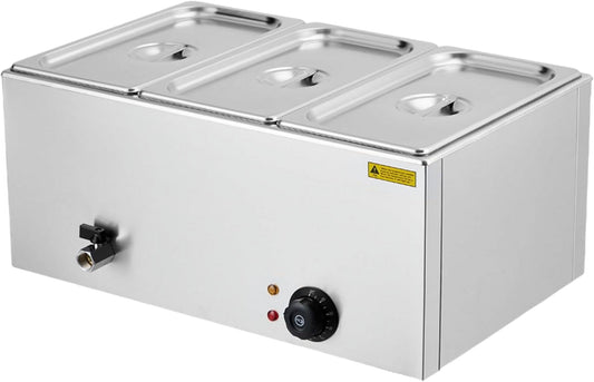 BENESKY 3-Pan 21QT Electric Commercial Food Warmer, Stainless Steel Bain Marie Buffet Steam Table with Tap & Lid for Parties Catering Restaurant