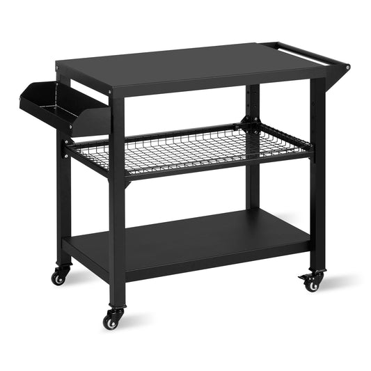BETISEF Three-Shelf Movable Outdoor Grill Cart Pizza Oven Stand, Multifunctional Kitchen Food Prep Table with Drawer , Black Solid Steel Dining Worktable on 4 Wheels & Seasoning Tray