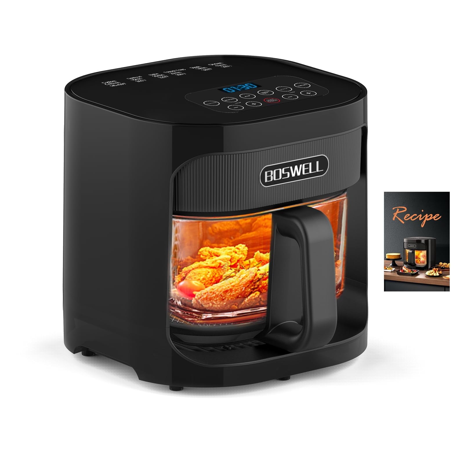 BOSWELL Glass Air Fryer, 4.5QT Transparent Fry Bowl, Circulating Heating, Non Toxic, Large Capacity Air Fryer Roast, Temperature Control Dishwasher Safe (Black)