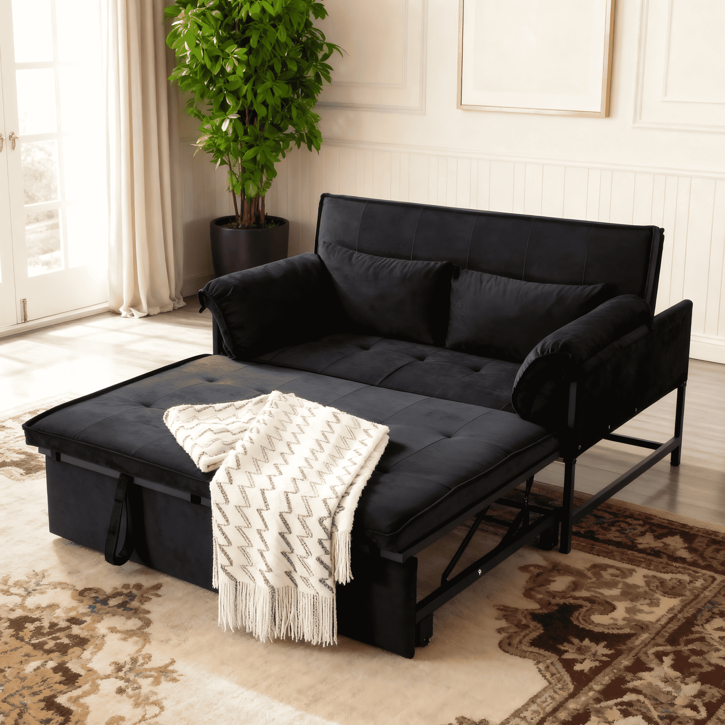 BSHTI 3 in 1 Pull-Out Sleeper Sofa Bed, Velvet Upholstery Fold Out Sleeper, 5-Position Reclining Back Loveseat, Movable Arm Cushion, Easy Assembly, Black