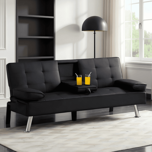 BSHTI 65.3” Futon Sleeper Sofa Bed,Tailored PU Upholstery Futon Sleeper,3 Angles for Adjusting Sofa,for Home,Office,and Guest Room Black