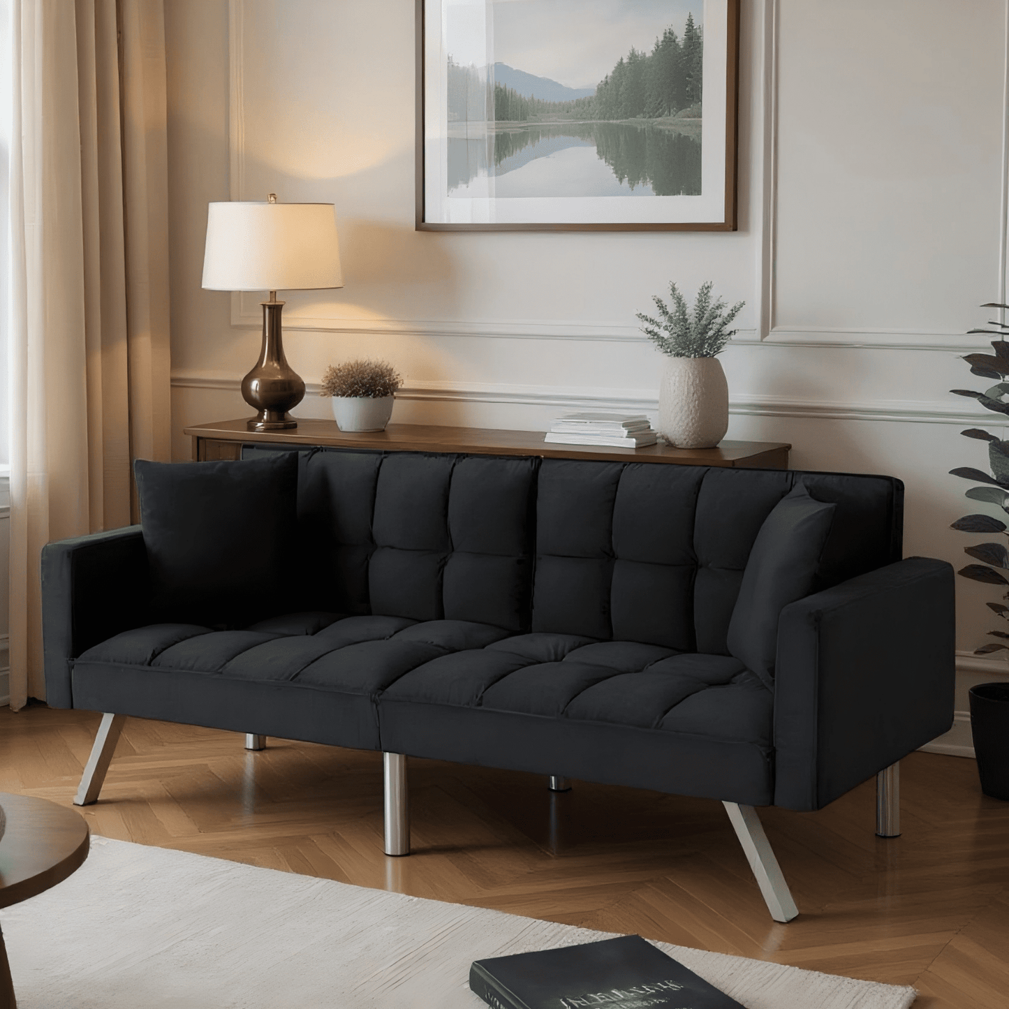 BSHTI 74”Tufted Futon Sofa Bed,Twin Size Black Velvet Fabric Sleeper Sofa,3 Angles for Adjusting Sofa,for your Home,Office,and Guest Room