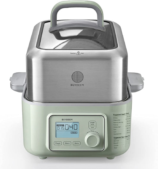 BUYDEEM G563 5-Quart Electric Food Steamer for Cooking, One Touch Vegetable Steamer, Digital Multifunctional Steamer, 60s Quick Steam, Stainless Steel Steamer Tray & Glass Lid, Cozy Greenish, 1500W