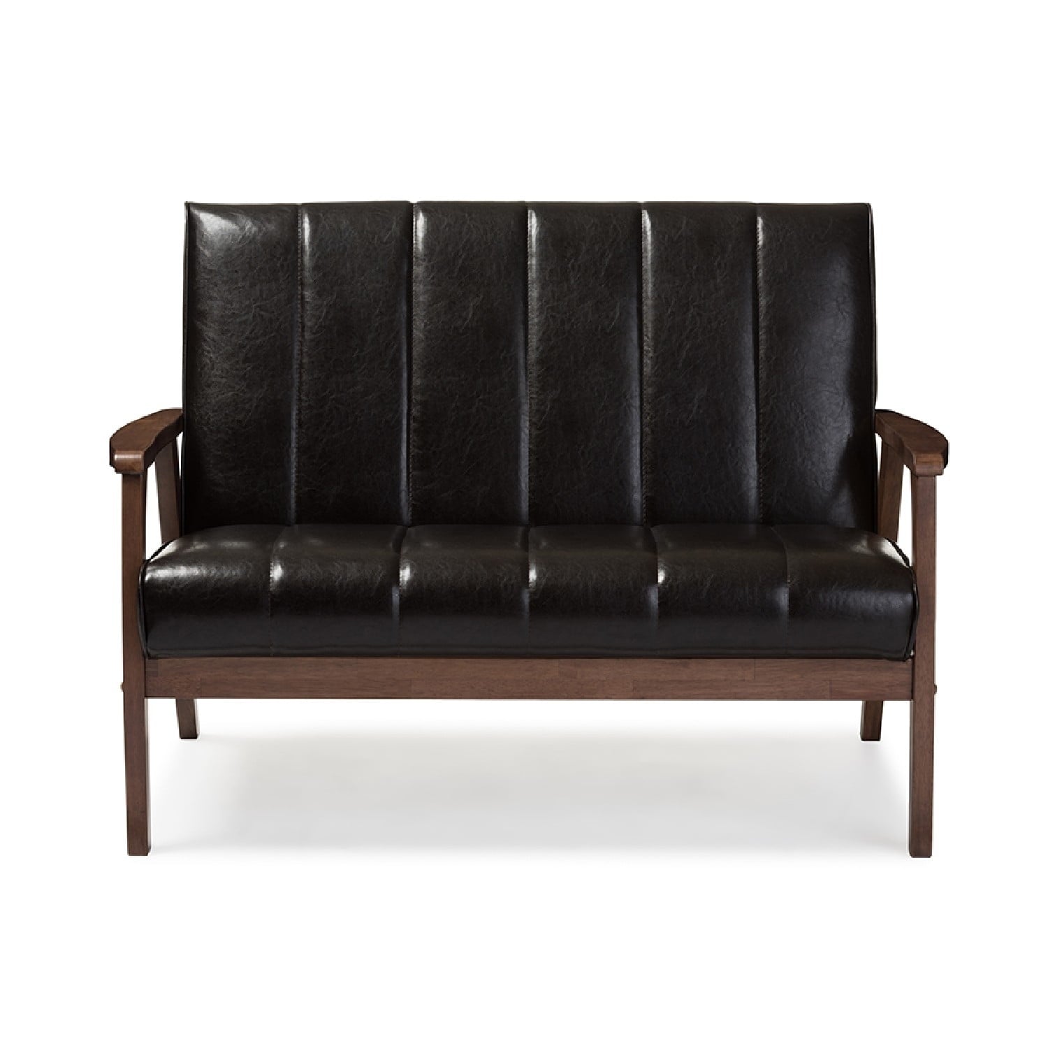 Baxton Studio Nikko Mid-century Modern Scandinavian Style Dark Brown Faux Leather Wooden 2-Seater Loveseat
