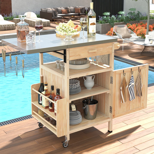 Bellemave 40.5" Outdoor Grill Cart with Stainless Steel Top Solid Wood Outdoor Rolling Kitchen Island with Drop Leaf, Drawer and Rack Mobile Serving Cart for Patio, Yard, Natural + Style 3