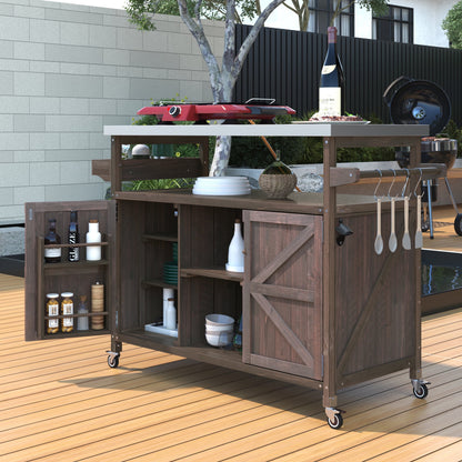 Bellemave 40.5" Outdoor Grill Cart with Stainless Steel Top Solid Wood Outdoor Rolling Kitchen Island with Drop Leaf, Drawer and Rack Mobile Serving Cart for Patio, Yard, Natural + Style 3