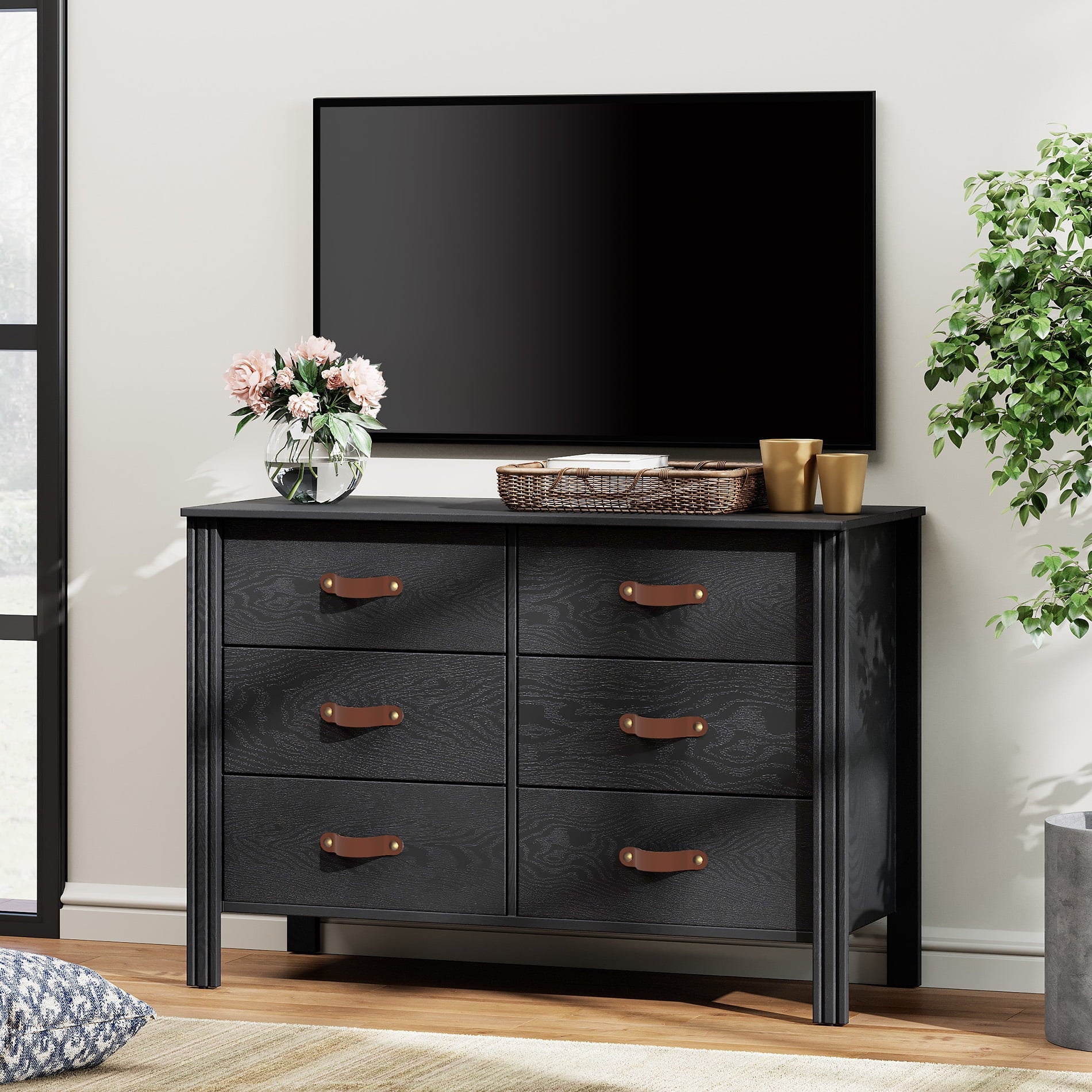 Black Dresser TV Stnd for 43 Inch TV, Wood Entertainment Center with 6 Drawers, Storage Cabinet for Living Room, Hallway