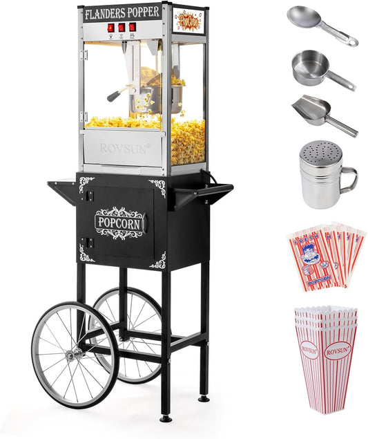 Bonnlo Popcorn Machine with Cart & Wheels Movie Theater Style, 10 Ounce Kettle Popcorn Maker w/Popcorn Scoop, Oil Spoon & 3 Popcorn Cups for Home , Black