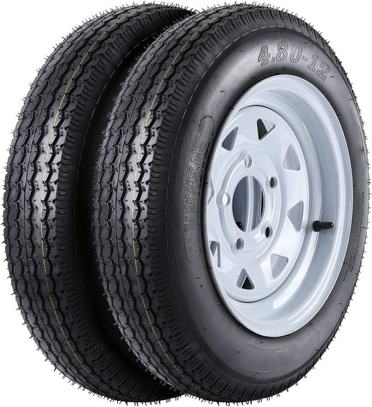 Broadfashion 4.80-12 Trailer Tire Rim 12" 5 Lug White Spoke, Set of 2 Pack