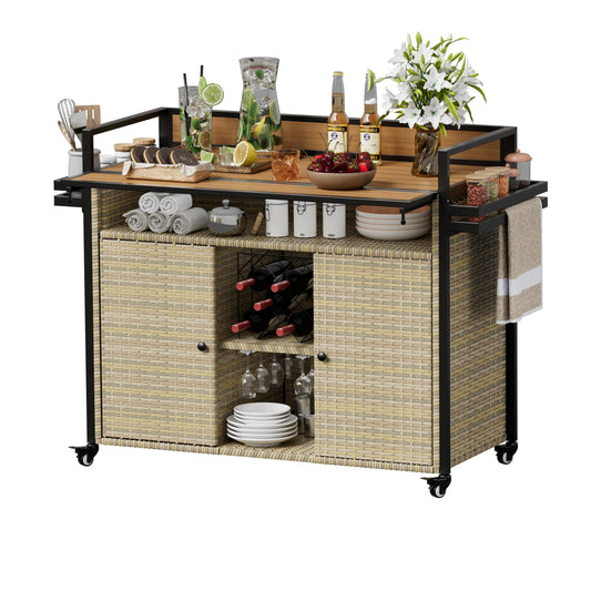 CABINAHOME Outdoor Kitchen Wicker Rolling Bar Cart with Storage Cabinet,Extended Plastic Wood Table Top,Kitchen Island on Wheels with Double Handle Design,for Patio Backyard Garden Poolside, Brown