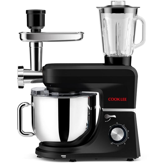 COOKLEE 6 in 1 Multifunctional Stand Mixer, 660W 8.5Qt Household Electric Food Mixer with Dough Hook, Whisk, Beater, Meat Grinder,Pasta,Sausage Kit & Cookie Maker-Black