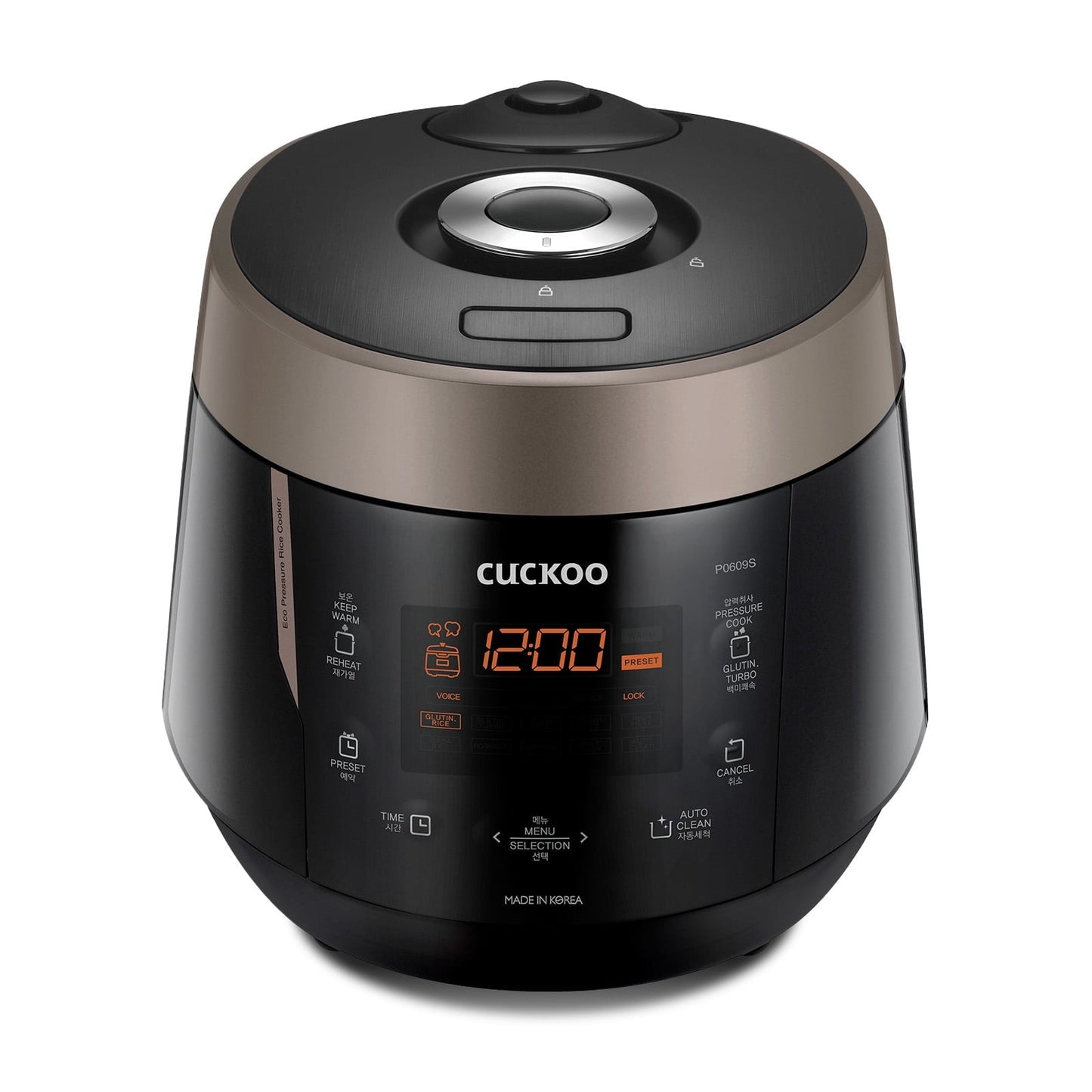 CUCKOO CRP-P0609S 6-Cup (Uncooked) / 12-Cup (Cooked) High Pressure Rice Cooker & Warmer with Nonstick Inner Pot, 12 Menu Options, Fuzzy Logic Tech, 3 Voice Guide, Auto Clean (Black/Copper)