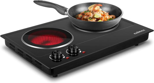 CUSIMAX Double Burner, 1800W Ceramic Electric Hot Plate for Cooking, Dual Control Infrared Cooktop, Portable Countertop Burner, Glass Plate Electric Cooktop, Stainless Steel Black