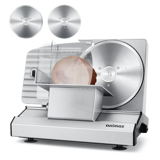 CUSIMAX Electric Deli Meat Slicer – Dual 8.7" Removable Stainless Steel Blades, 1–20 mm Adjustable Thickness, Detachable Carriage & Non-Slip Feet — Perfect for Home Kitchen Charcuterie