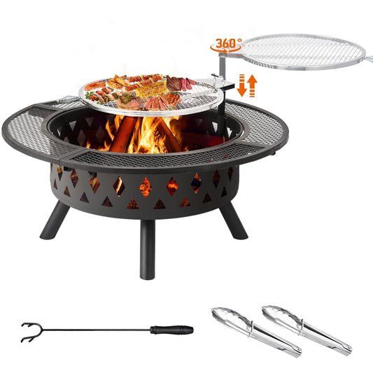 Capri 39" Fire Pit with Grill, Outdoor Wood Burning Firepit Table BBQ Charcoal Grill with Adjustable Grill Net & Fire Poker & Food Clip, for Backyard Patio Garden, Black
