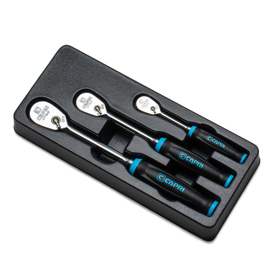 Capri Tools Fine 90-Tooth Ratchet Set, Ergonomic Soft Grip, 1/4, 3/8, 1/2 in. Drive, 3-Piece