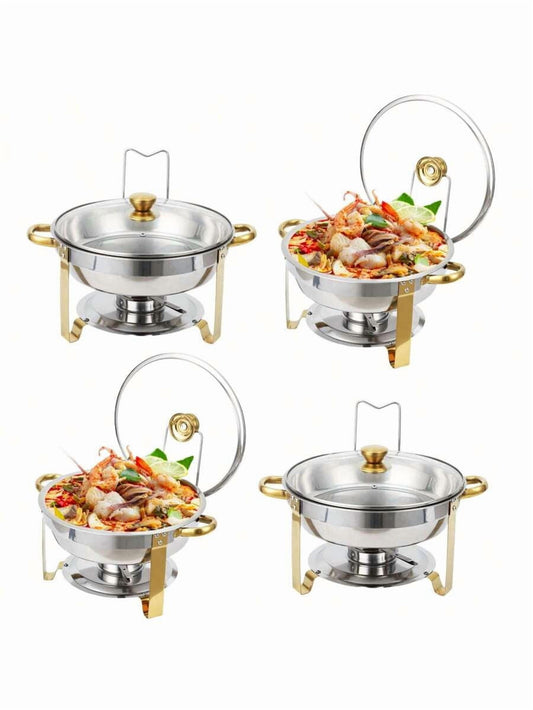 Chafing Dishes For Buffet Set Of 4, 5QT Buffet Servers And Warmers, Round Catering Food Warmers Stainless Steel Chafing Dish Buffet Set With Glass Lid & Lid Holder For Parties Events