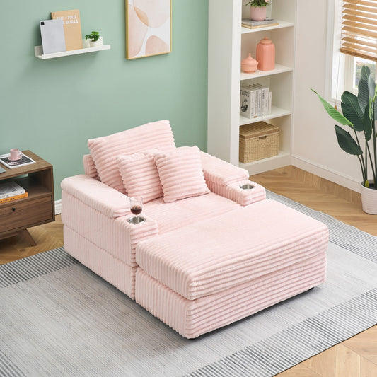 Chaise Lounge Chair,Corduroy Upholstered Sofa Bed with 3 Throw Pillows,Sleeper Reading Chair for Living Room,Bedroom,Pink