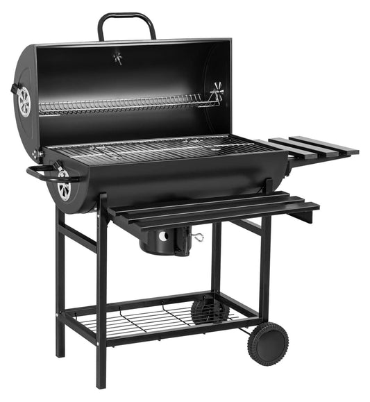 Charcoal Grill Barrel style BBQ Charcoal Grills with Three Item Racks Thermometer Double-Layer Chrome-Plated Iron Baking Pan Catcher for Camping Outdoor BBQ