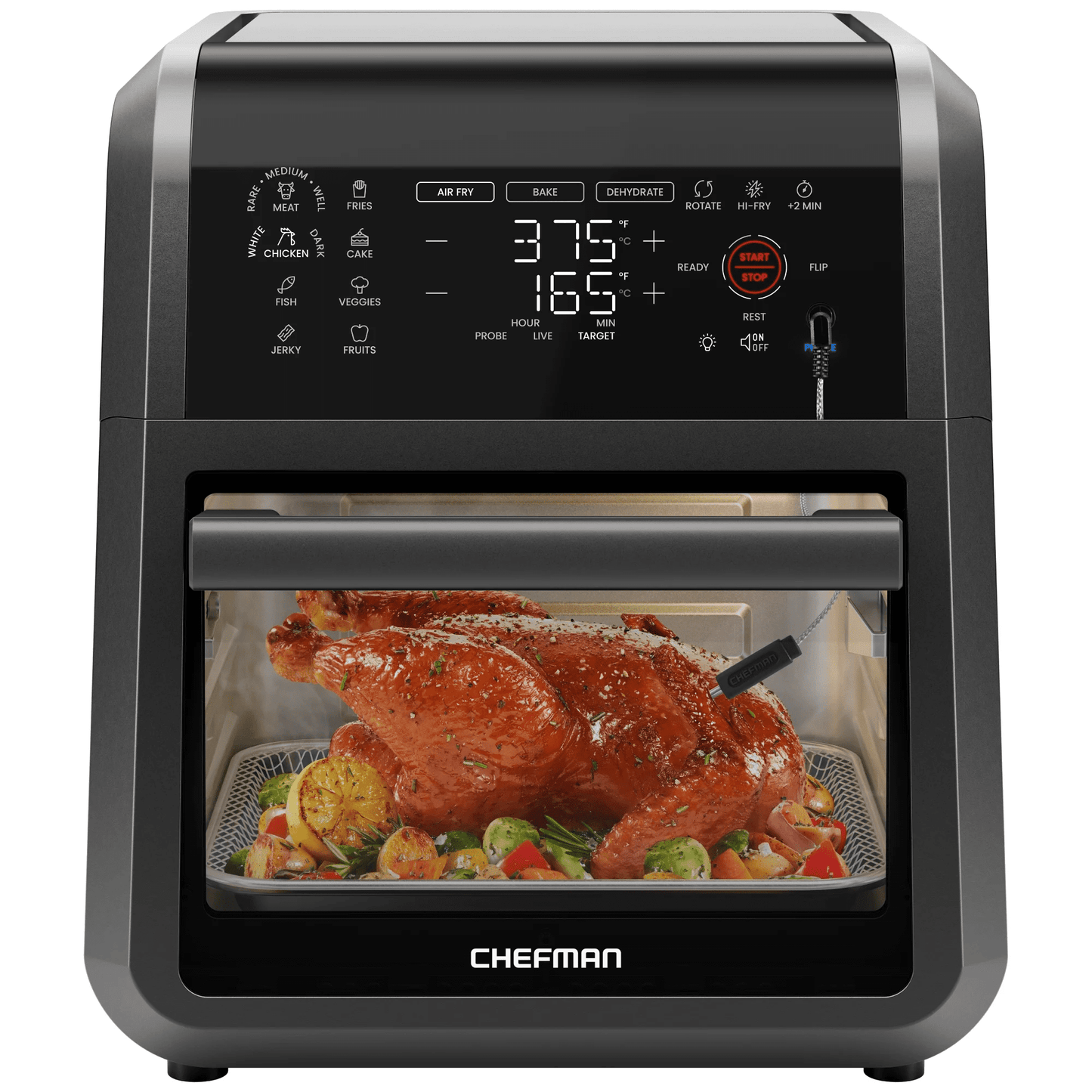 Chefman RJ38-RDO-PV12 ExacTemp 12 Quart 5-in-1 Air Fryer with Integrated Smart Thermometer, 28 Presets - Black