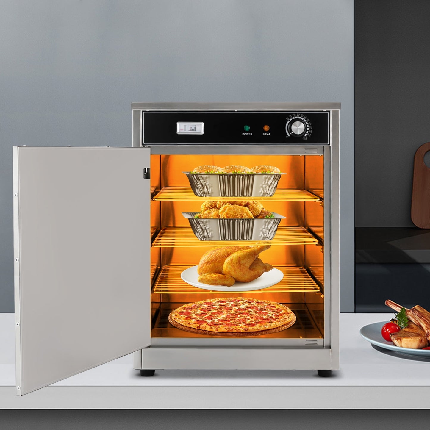 ChicHomey Electric Food Warmer Cabinet, 600W, 4 Compartment Commercial Hot Box, Stainless Steel, Adjustable Temperature 30-85°C/86-185°F, Perfect for Food Storage