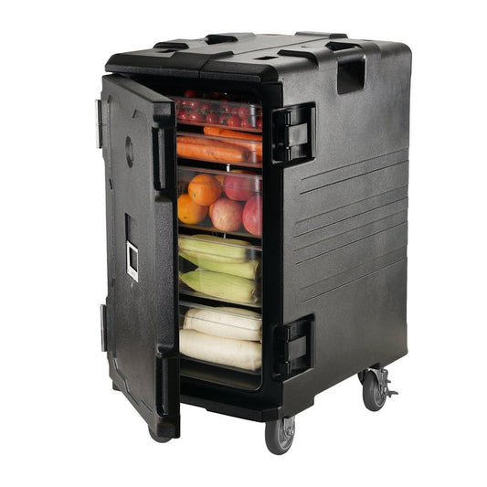 Choco Moon Commercial Insulated Catering Carrier 110Qt Hot Food Pan LLDPE Box Double Straps Easy-Load Front Warmer Rolling End Loader Kitchen Cafeteria Black Model for Efficient Food Transport