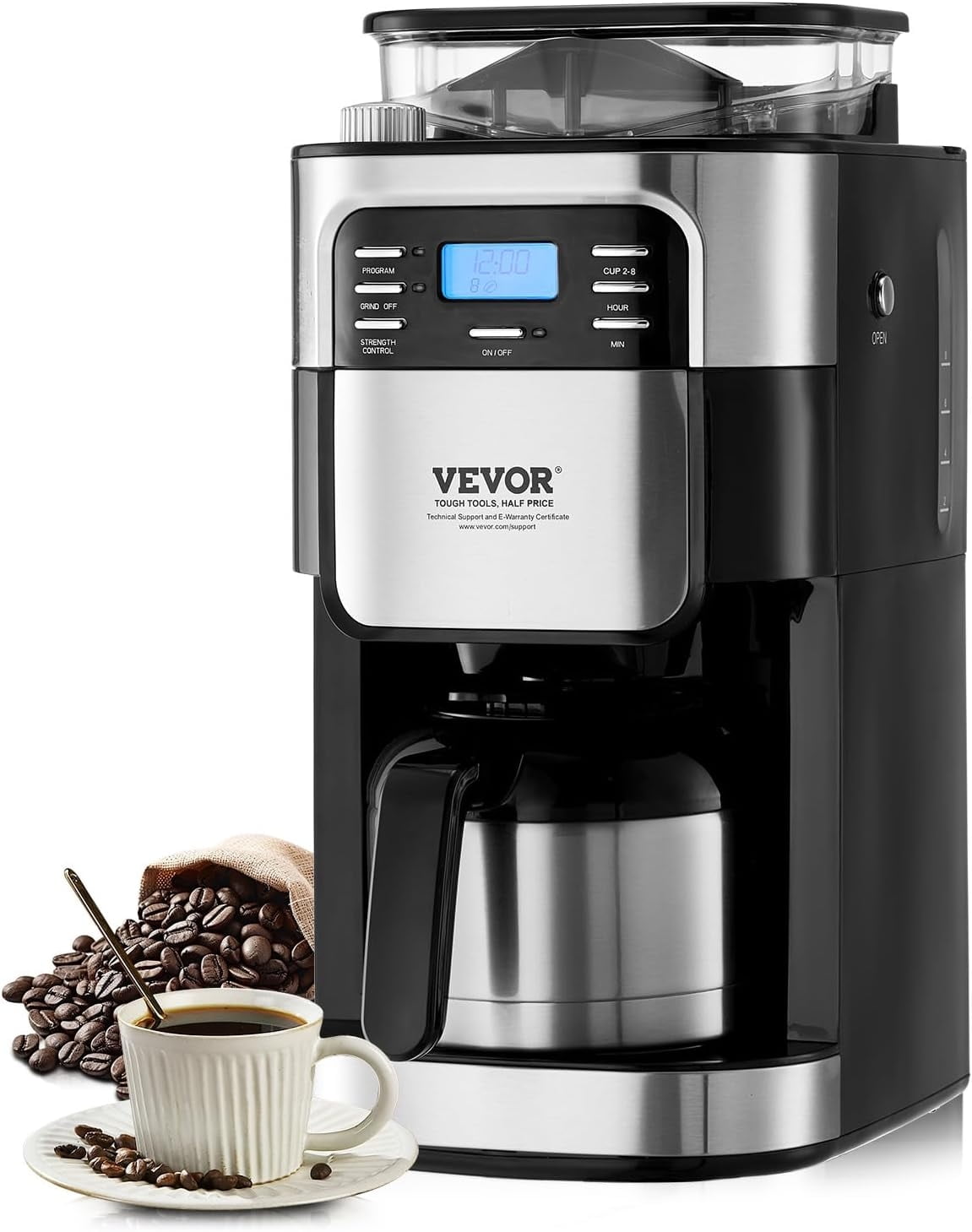 Coffee Maker with Grinder, 8 Cup Coffee Machine, Grind and Brew Coffee Maker with 3 Brew Strength Control, 24-Hour Timer for Auto Brew, for Home Office Restaurant