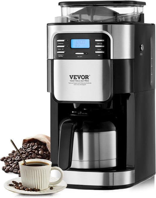 Coffee Maker with Grinder, 8 Cup Coffee Machine, Grind and Brew Coffee Maker with 3 Brew Strength Control, 24-Hour Timer for Auto Brew, for Home Office Restaurant