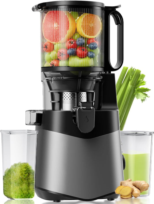 Cold Press Juicer, 5.3" Wide Feed Chute Juice Extractor Machine with 400W, High Juice Yield, Slow Masticating Juicer for Whole Vegetables & Fruits, Metallic Silver
