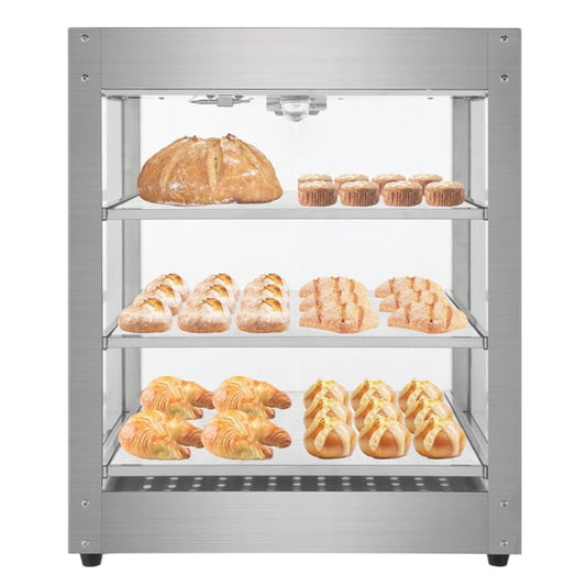 "Commercial 3-Tier Food Warmer Cabinet - 800W Stainless Steel Display Case with Tempered Glass, Adjustable Thermostat (86-185°F) & Interior Light - For Pizza, Burgers, Bakeries & Buffets"