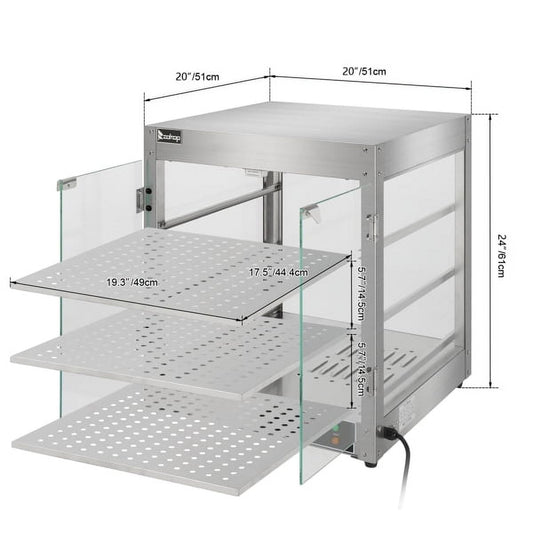Commercial 3-Tier Food Warmer Cabinet - 800W Stainless Steel Display Case with Tempered Glass, Adjustable Thermostat (86-185°F) & Interior Light - For Pizza, Burgers, Bakery Items