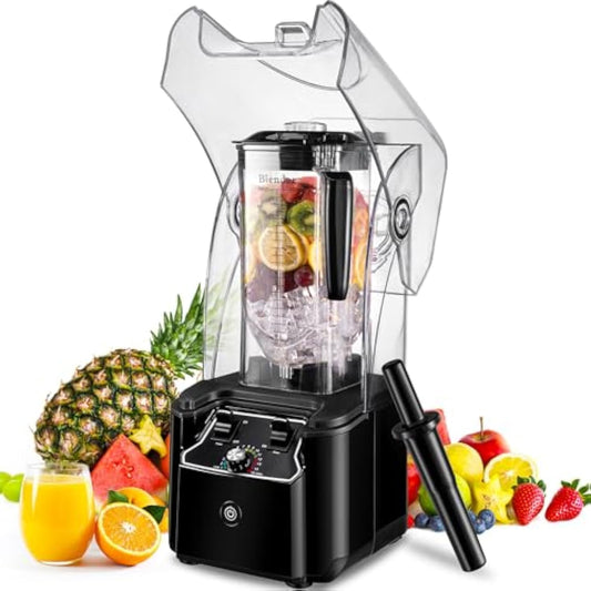 Commercial Blender for Smoothies With Soundproof Cover, 2200W, 2200 ML, 15 Speeds, 6-leaves Stainless Steel Blade, Heavy Duty Blender for Restaurant, Smoothie, Ice Crush, Shakes