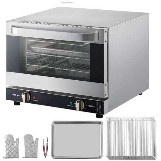 KFFKFF Commercial Convection Oven, 21L/19Qt, Quarter-Size Conventional Oven Countertop, 1440W 3-Tier Toaster w/ Front Glass Door, Electric Baking Oven w/ Trays Wire Racks Clip Gloves