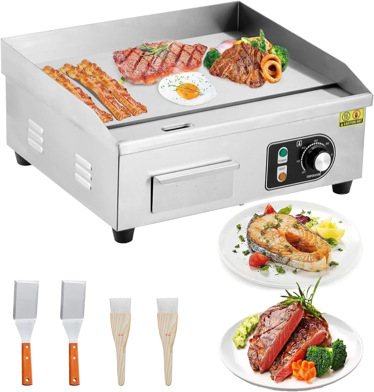 22'' Commercial Electric Grill, 1500W Electric Countertop Grill, Non-Stick Electric Grill Plate, 110V Teppanyaki Flat Grill, Stainless Steel Adjustable Temperature Control, 122°F-572°F