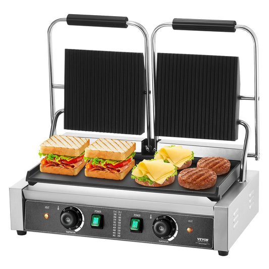 Commercial Panini Press Grill – 19"x9" Electric Sandwich Maker with Adjustable Temperature, Non-Stick Griddle Plates for Restaurants, Cafés & Home Use – Heavy Duty Stainless Stee