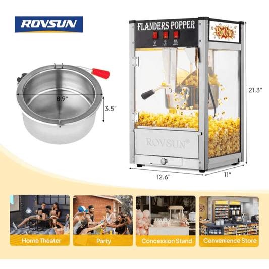 Commercial Tabletop Popcorn Machine - Makes 32 Cups, Includes 3 Cups & Stainless Steel Spoon - Ideal for Home Theaters (Black)