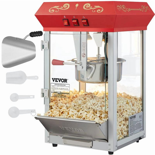 Commercial Theater Style Countertop Popcorn Machine, 8 Oz Kettle 850 W, 48 Cups per Batch with 3-Switch Control, Steel Frame Tempered Glass Doors, 1 Scoop 2 Spoons, Red