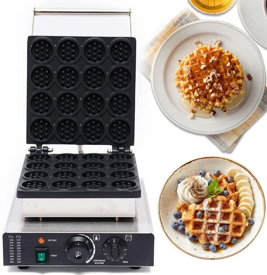Commercial Waffle Maker 16pcs Mini Round Nonstick 1750W Electric Muffin Machine Stainless Steel 110V Temperature and Time Control