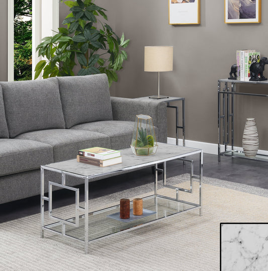 Convenience Concepts Town Square Chrome Coffee Table, Faux White Marble/Chrome Frame