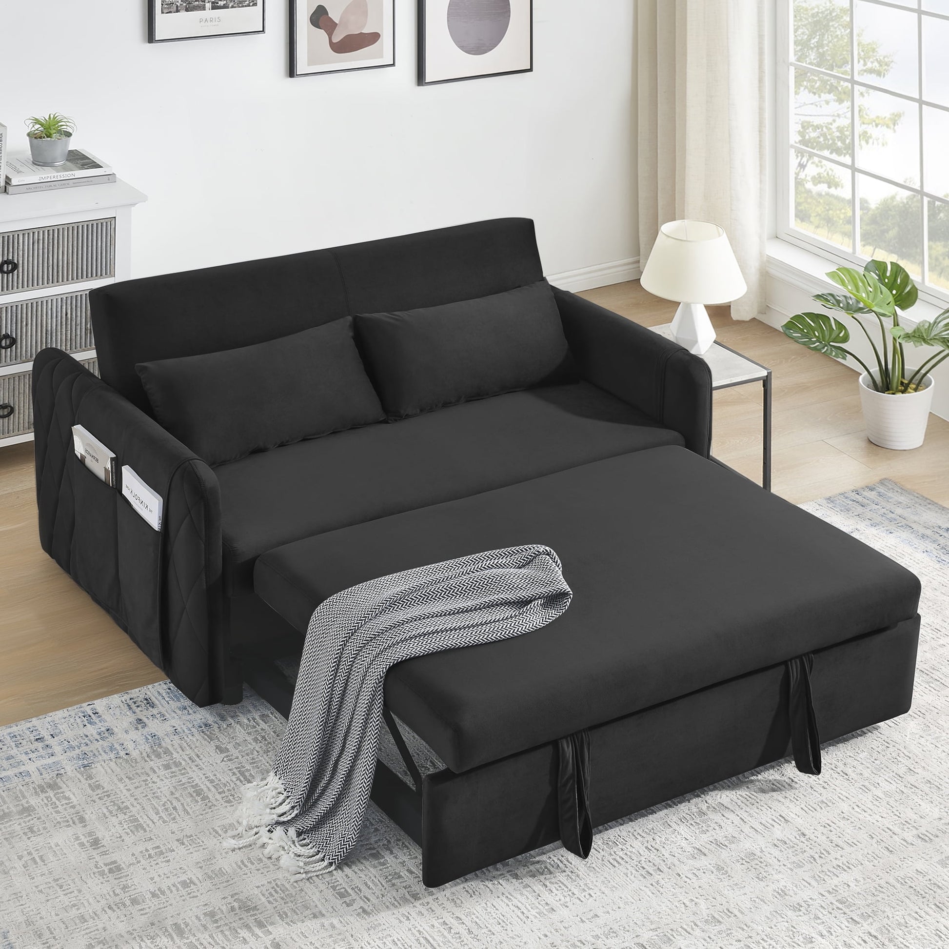 Convertible Sofa Bed,55 inch 3 in 1 Sleeper Sofa with Pull Out Bed,Modern Velvet Couch with 2 Pillows and Adjustable Backrest for Living Room Office,Black