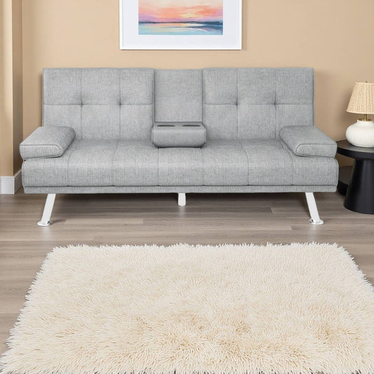 Folding Sofa Bed with Cup Holder Convertible Futon Couches Adjustable Backrest Modern Linen Furniture Upholstery for Living Room