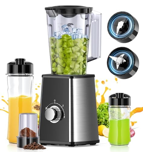 Countertop Blender for Smoothies and Shakes, 21Oz, 20 & 14 Oz Personal Blenders Combo, with Coffee Grinder, BPA Free, 3 Adjustable Speeds for Kitchen Juices, Frozen Fruit Drink