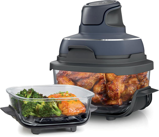 Crispi 4-in-1 Portable Glass Air Fryer Cooking System, 1500W, 4QT & 6-Cup TempWare Glass Containers with Storage Lids, Microwave, Freezer & Dishwasher Safe, Cyberspace Gray, FN101GY