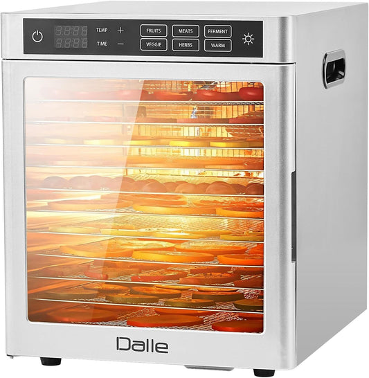 DALLE Food Dehydrator Machine with 6 Preset Menus | 12-Tray Stainless Steel Food Dehydrator | 800W Dual Display Adjustable Temp&Time Commercial Home Large Dehydrator for Jerky, Meat, and Fruits